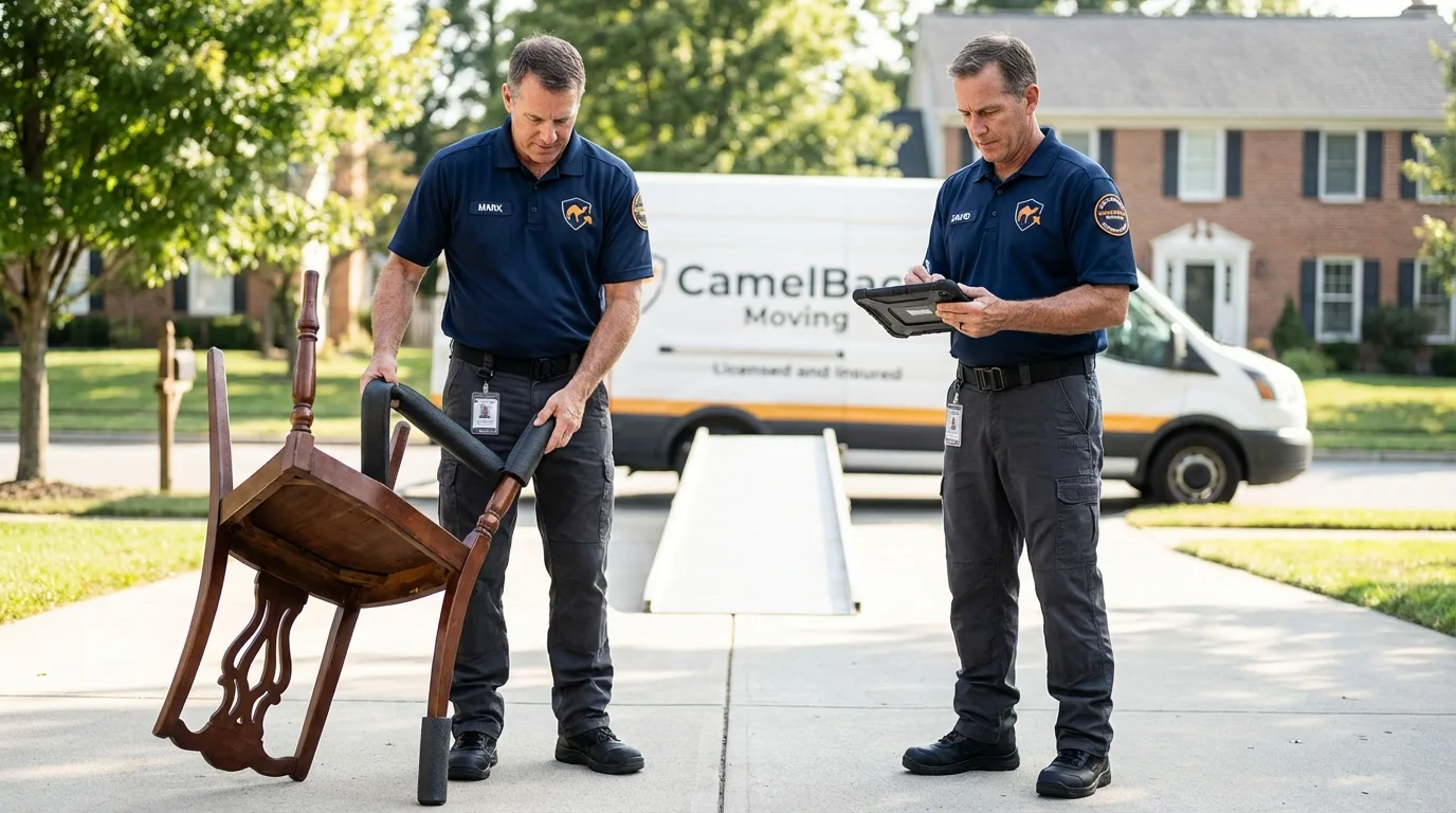 Movers inspecting furniture for damage prevention before loading in Templeton, CA