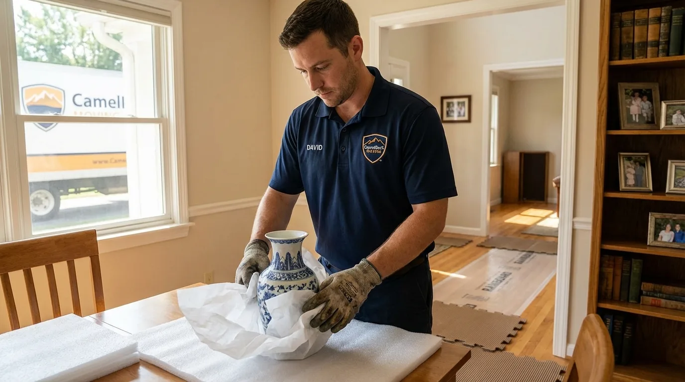 Professional crew carefully wrapping antique vase for senior downsizing move in Templeton, CA